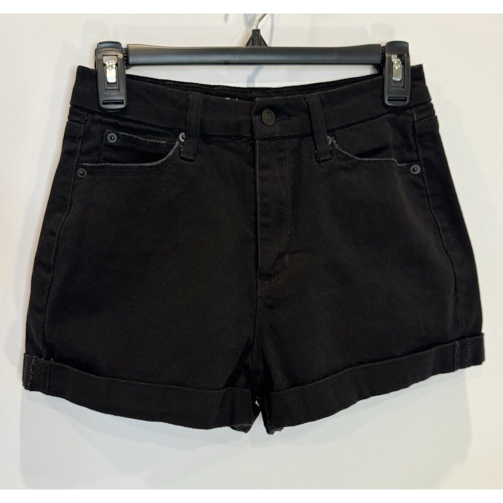 Womens Juniors Size 9 Black Denim Shorts Mid Rise Cuffed Stretch No Boundaries